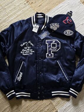 Polo by Ralph Lauren Men's Navy Satin Varsity Jacket
